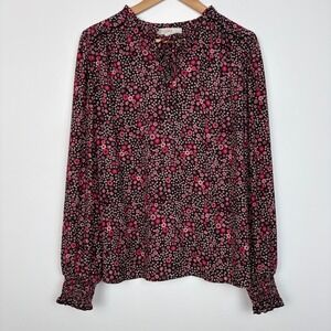 LOFT Womens Dark Floral Balloon Sleeve Top Size XL Tie Neck Smocked Cuffs Boho